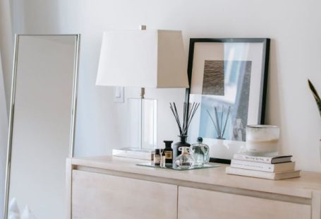 Bottle Lamp - Bedroom interior with commode and mirror in house