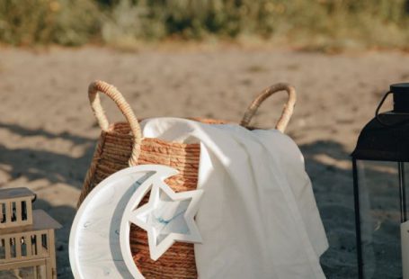 Moon Pillow - Woven Basket, Lanterns and Pillow on the Sand